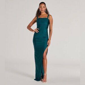 Hunter Green Ruched Slit Maxi Dress